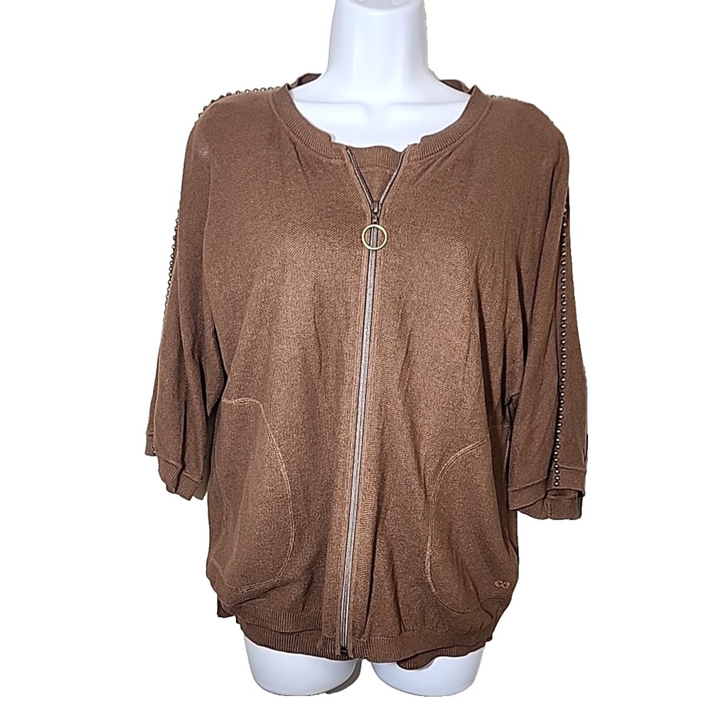 ESCADA Sport Sweater Set Silk Linen‎ Metal Rivets Brown Pockets Size Medium + S